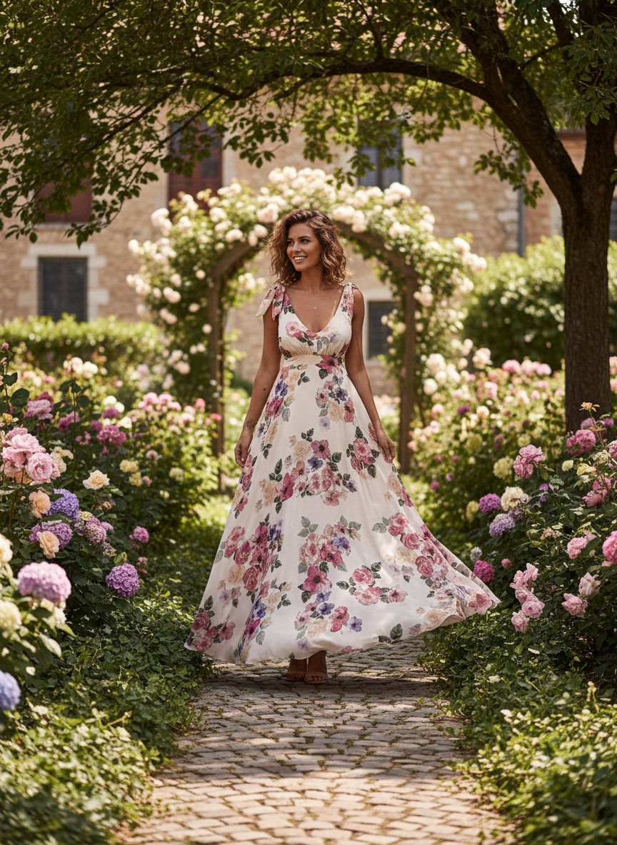 Amara | Vestido Maxi Floral de Mujer con Diseño de Manga Capa y Lazo en la Cintura
