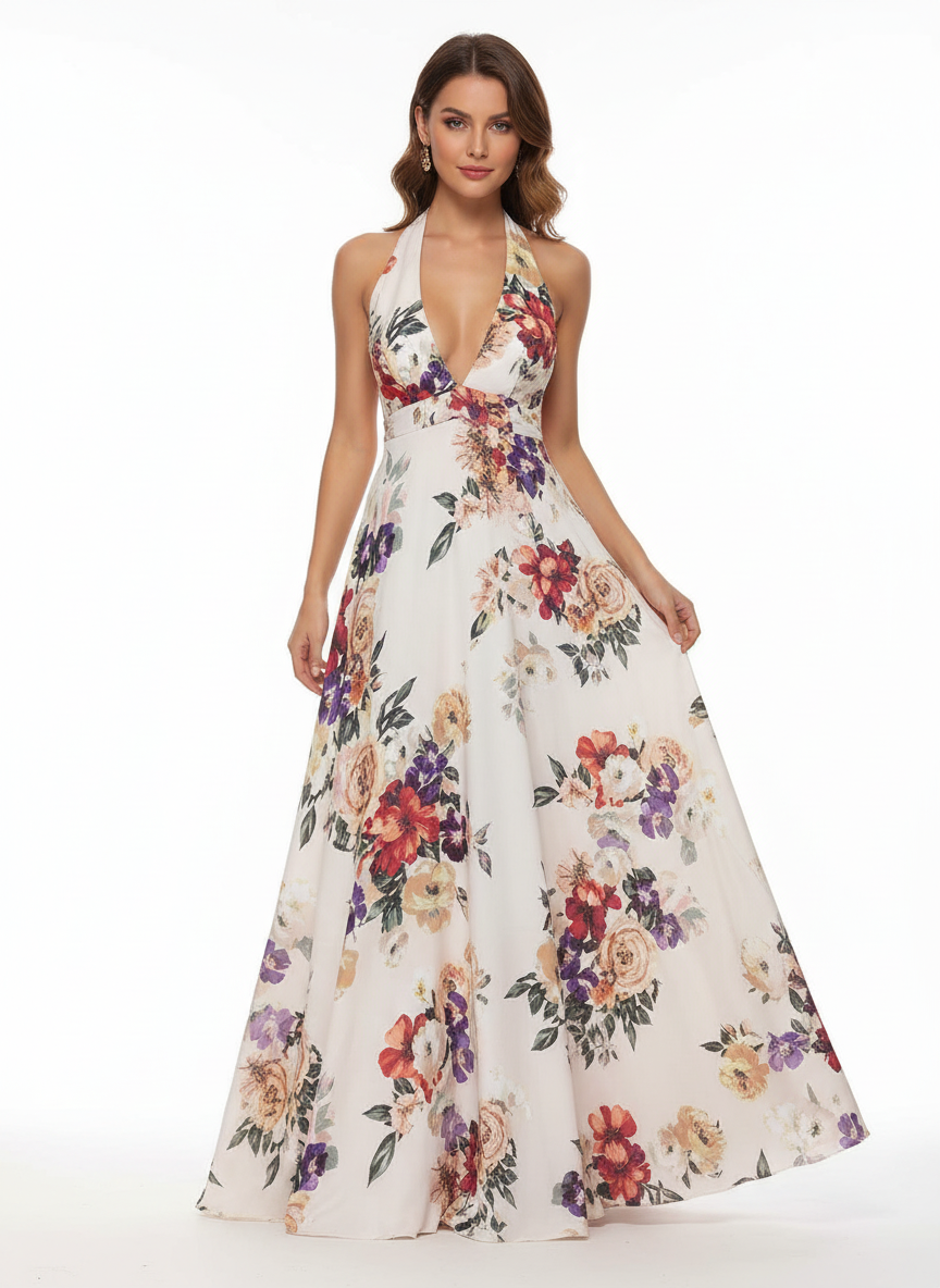 Amara | Vestido Maxi Floral de Mujer con Diseño de Manga Capa y Lazo en la Cintura