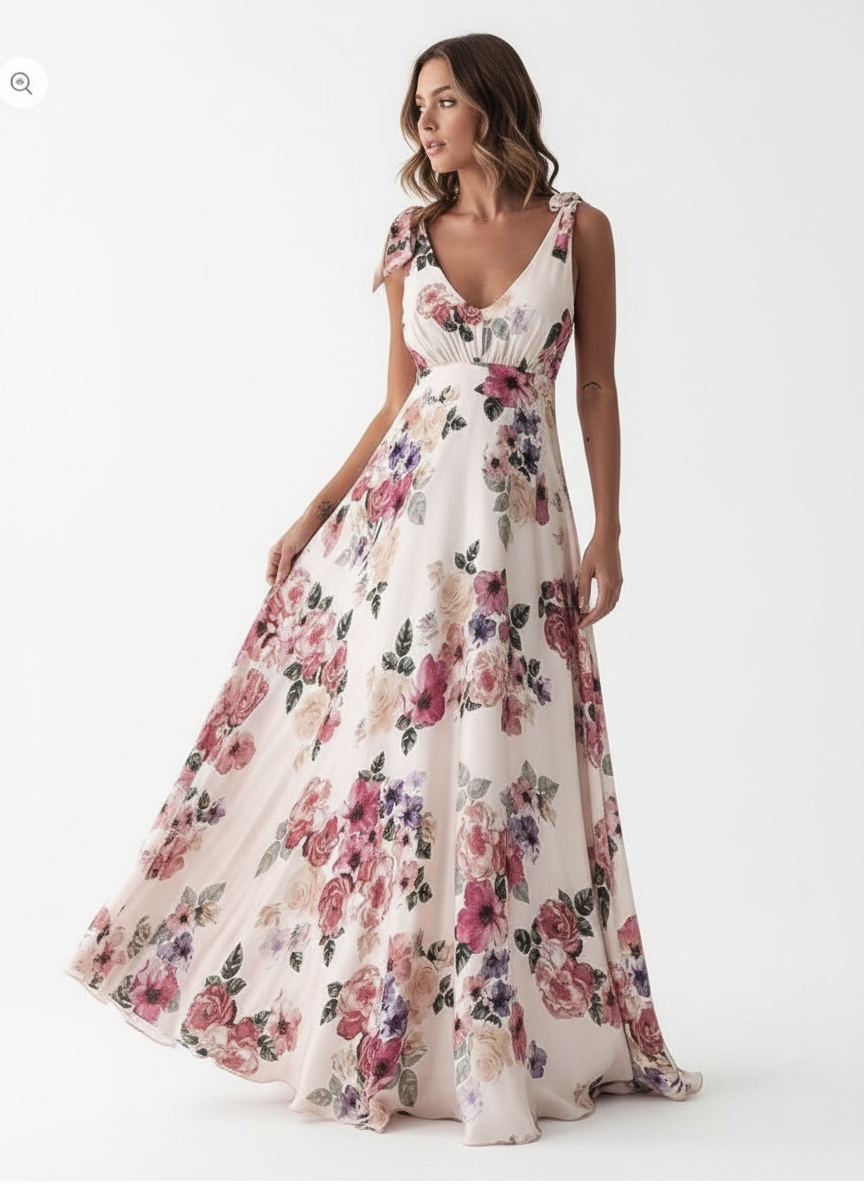 Amara | Vestido Maxi Floral de Mujer con Diseño de Manga Capa y Lazo en la Cintura