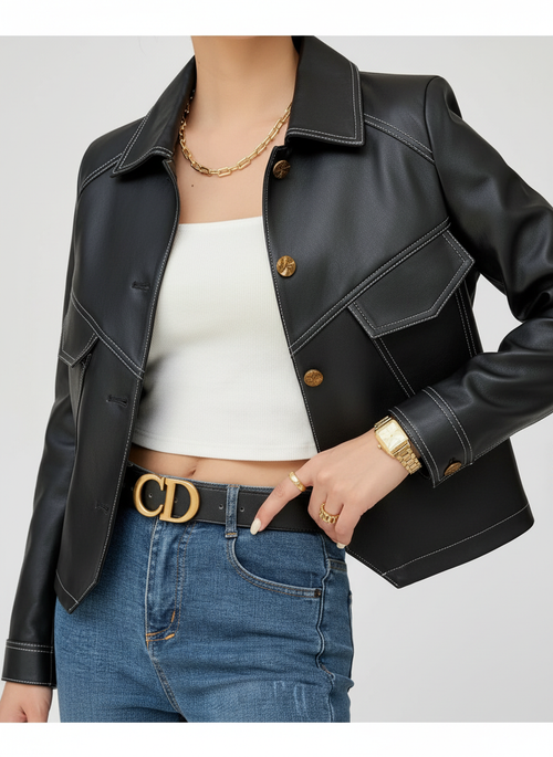 Amara | Chaqueta de Cuero de Mujer con Diseño de Hombros Acolchados y Cierre de Cremallera