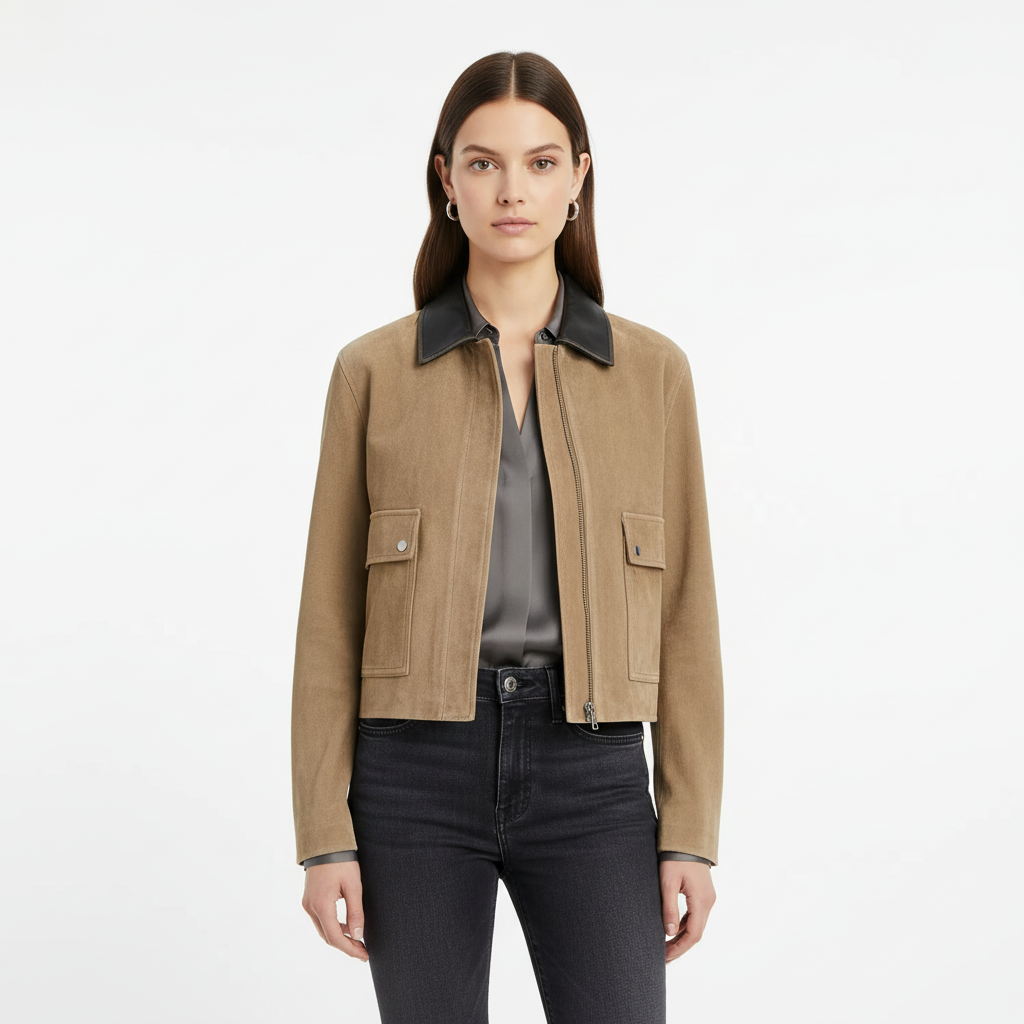 Arielle | Chaqueta Bomber de Mujer con Bolsillos de Parche y Cuello de Contraste | Moderna