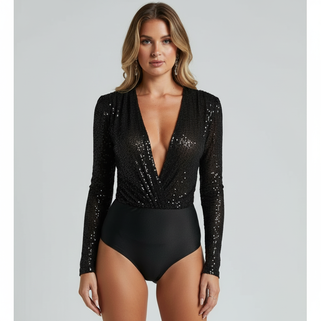 Ava | Body de Mujer con Escote Profundo en V y Textura de Lentejuelas | Glamuroso