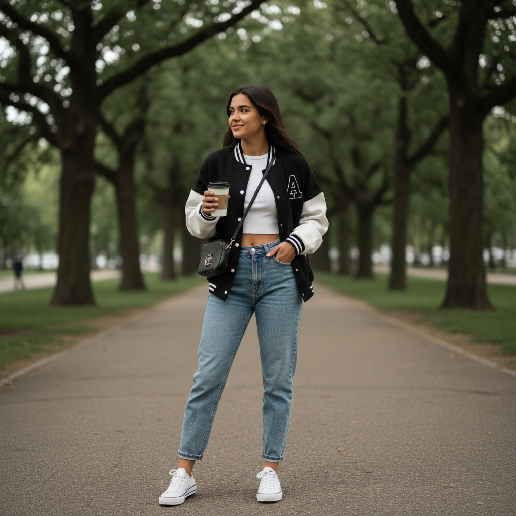 Ava | Chaqueta Bomber de Mujer con Cierre de Botones a Presión y Parche de Letra | Casual