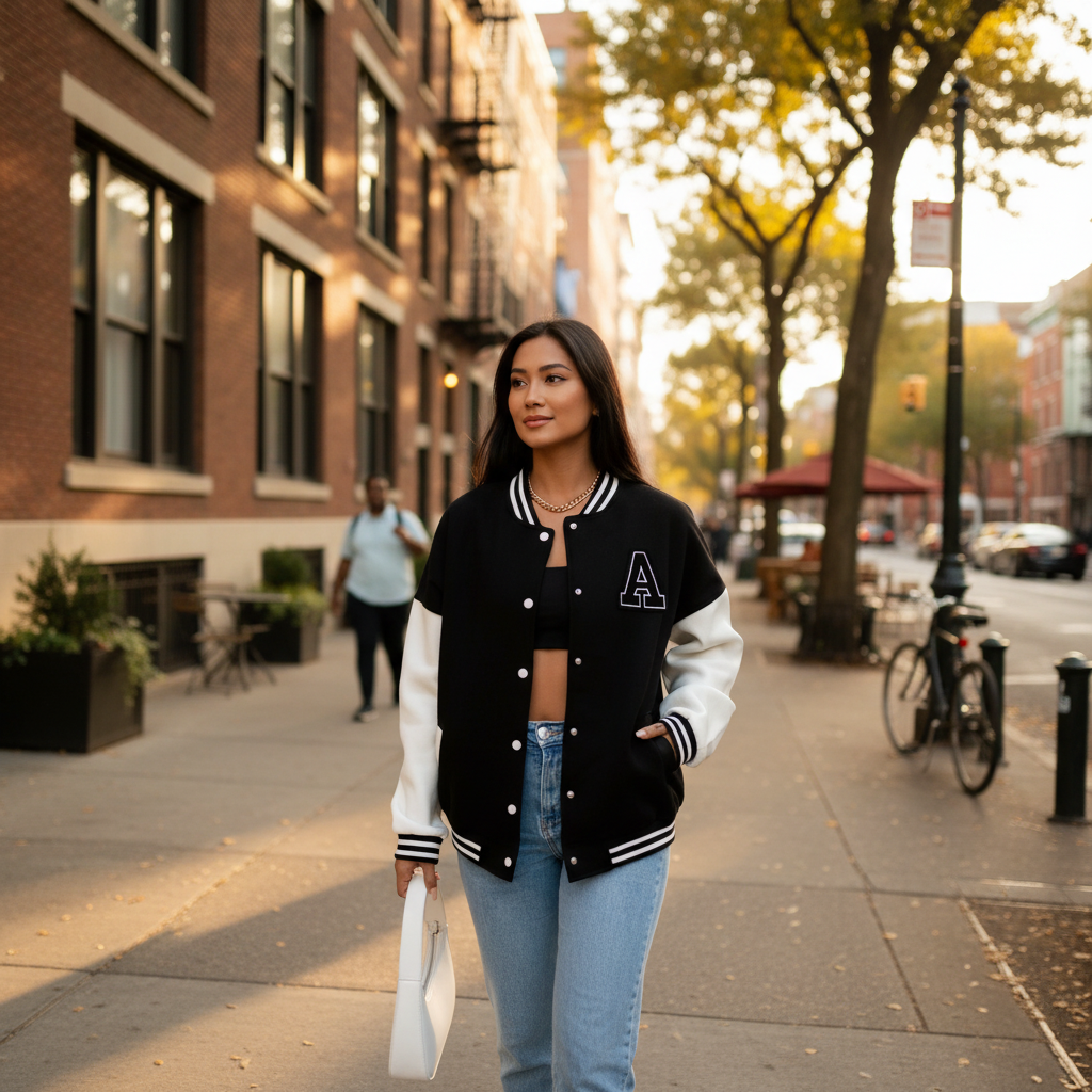 Ava | Chaqueta Bomber de Mujer con Cierre de Botones a Presión y Parche de Letra | Casual