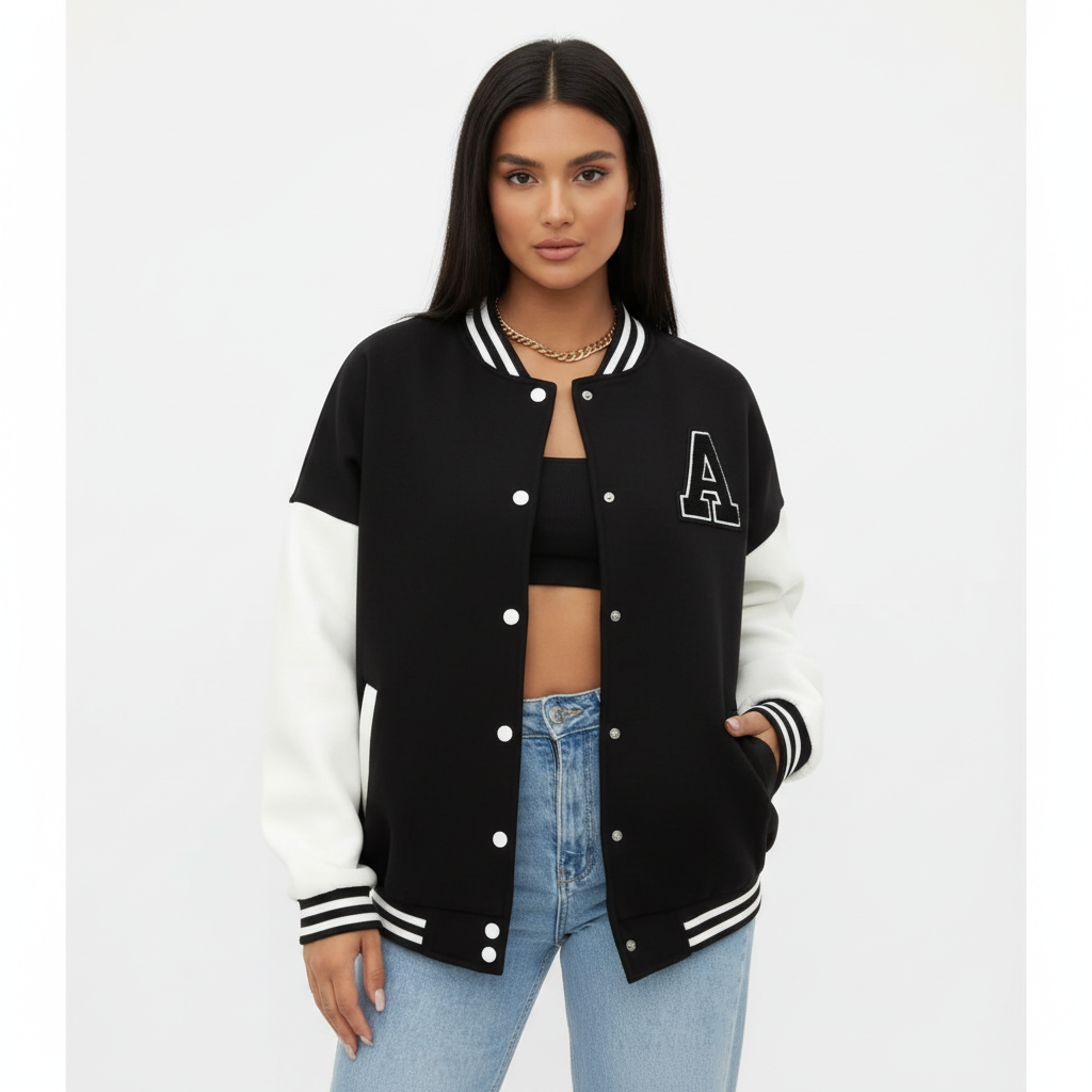 Ava | Chaqueta Bomber de Mujer con Cierre de Botones a Presión y Parche de Letra | Casual