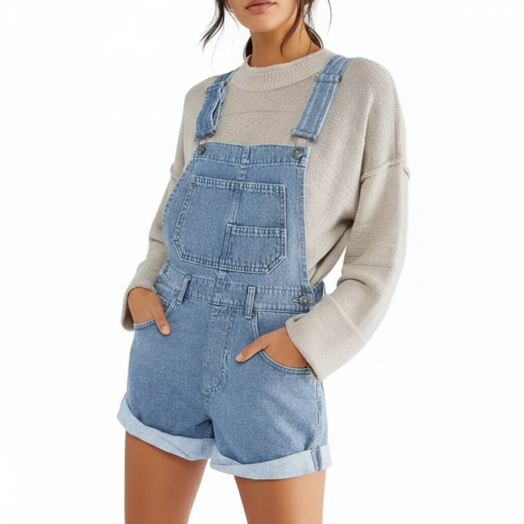 Ava | Peto Corto Vaquero de Mujer con Peto Delantero y Bajo Enrollado | Casual