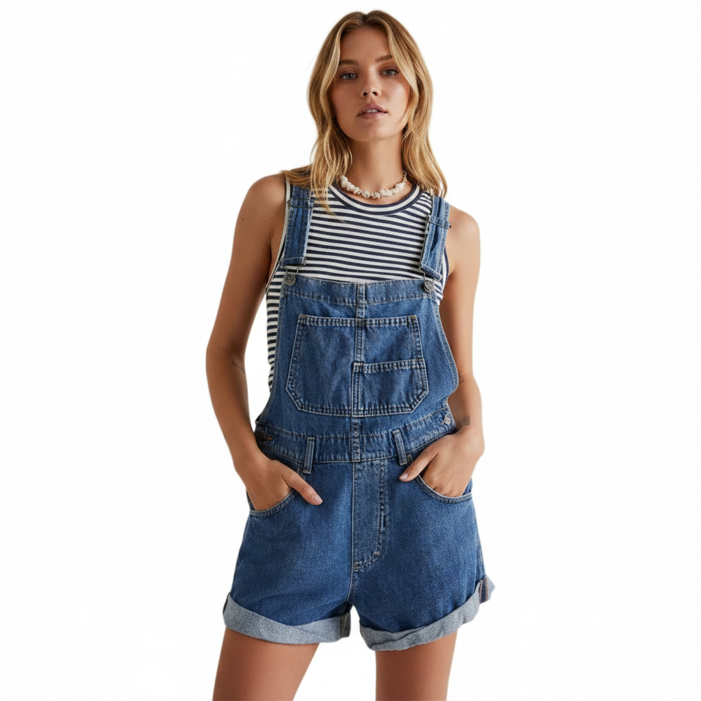 Ava | Peto Corto Vaquero de Mujer con Peto Delantero y Bajo Enrollado | Casual
