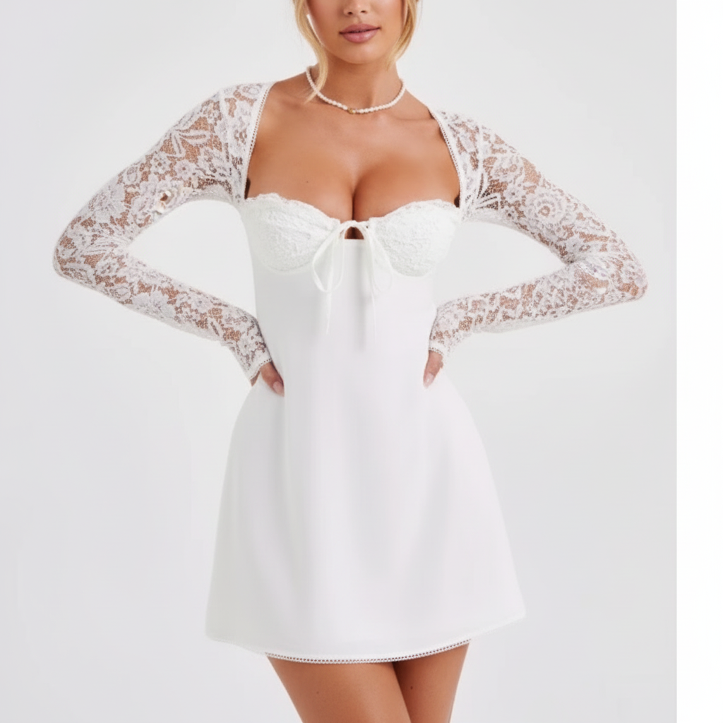 Ava | Minivestido de Encaje de Mujer con Escote Corazón y Mangas Largas de Encaje | Glamuroso