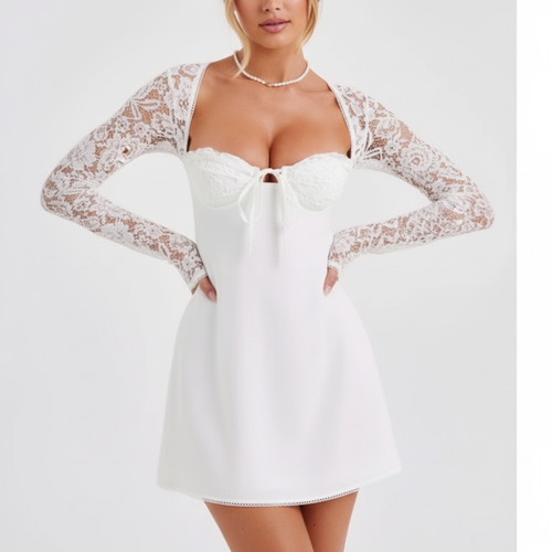 Ava | Minivestido de Encaje de Mujer con Escote Corazón y Mangas Largas de Encaje | Glamuroso