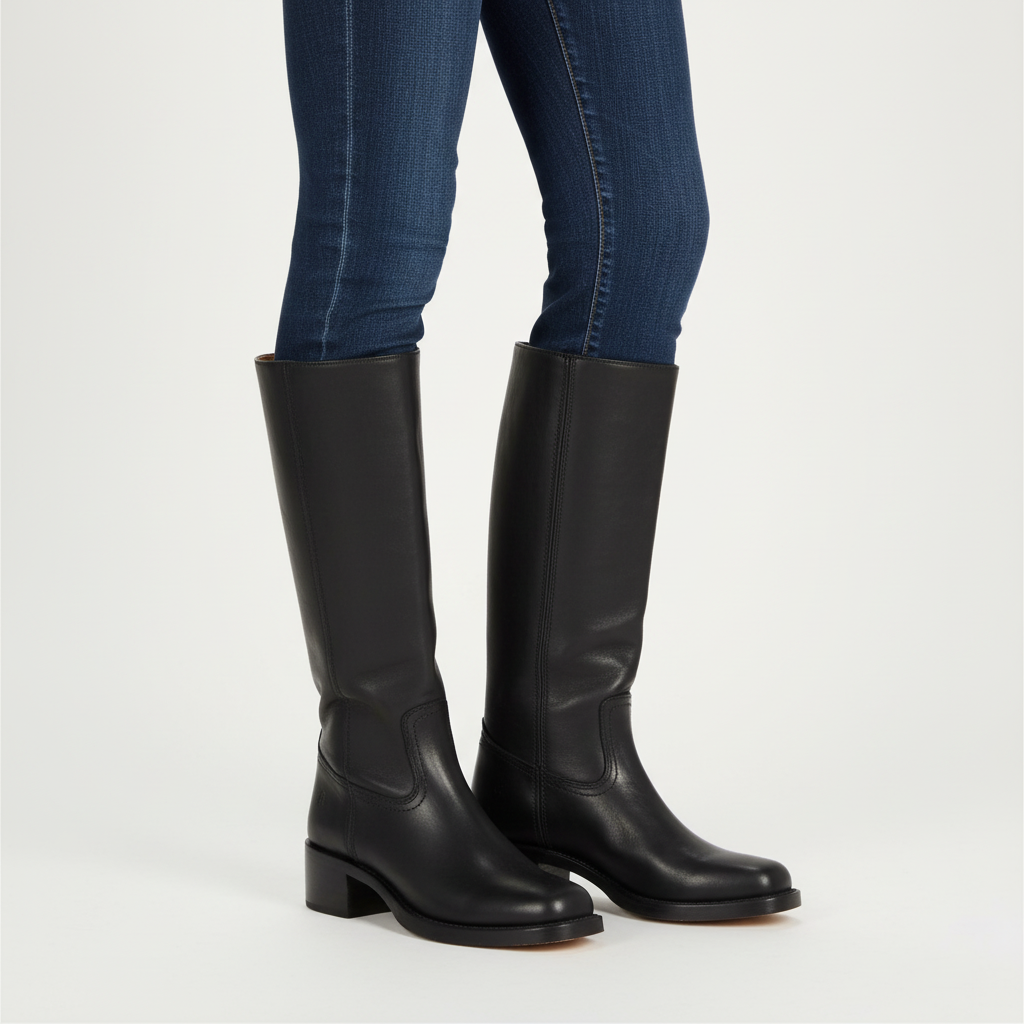 Ava | Botas Altas de Mujer de Piel con Tacón Ancho y Diseño de Paneles | Clásicas