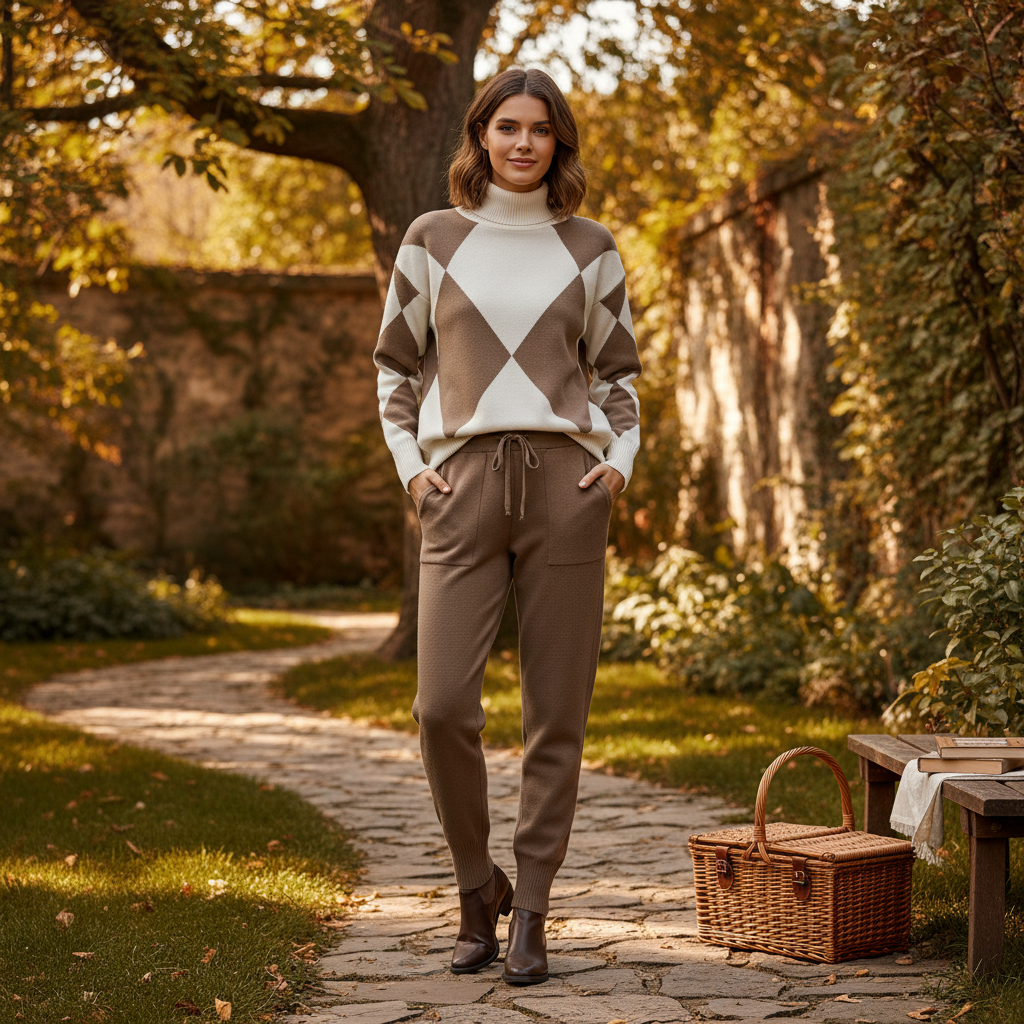 Ava | Conjunto de Ropa de Estar por Casa de Mujer con Cuello Alto y Estampado de Rombos | Acogedor