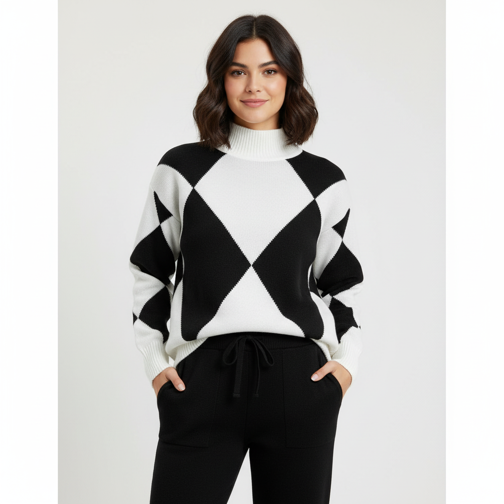 Ava | Conjunto de Ropa de Estar por Casa de Mujer con Cuello Alto y Estampado de Rombos | Acogedor