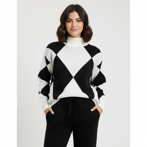 Ava | Conjunto de Ropa de Estar por Casa de Mujer con Cuello Alto y Estampado de Rombos | Acogedor