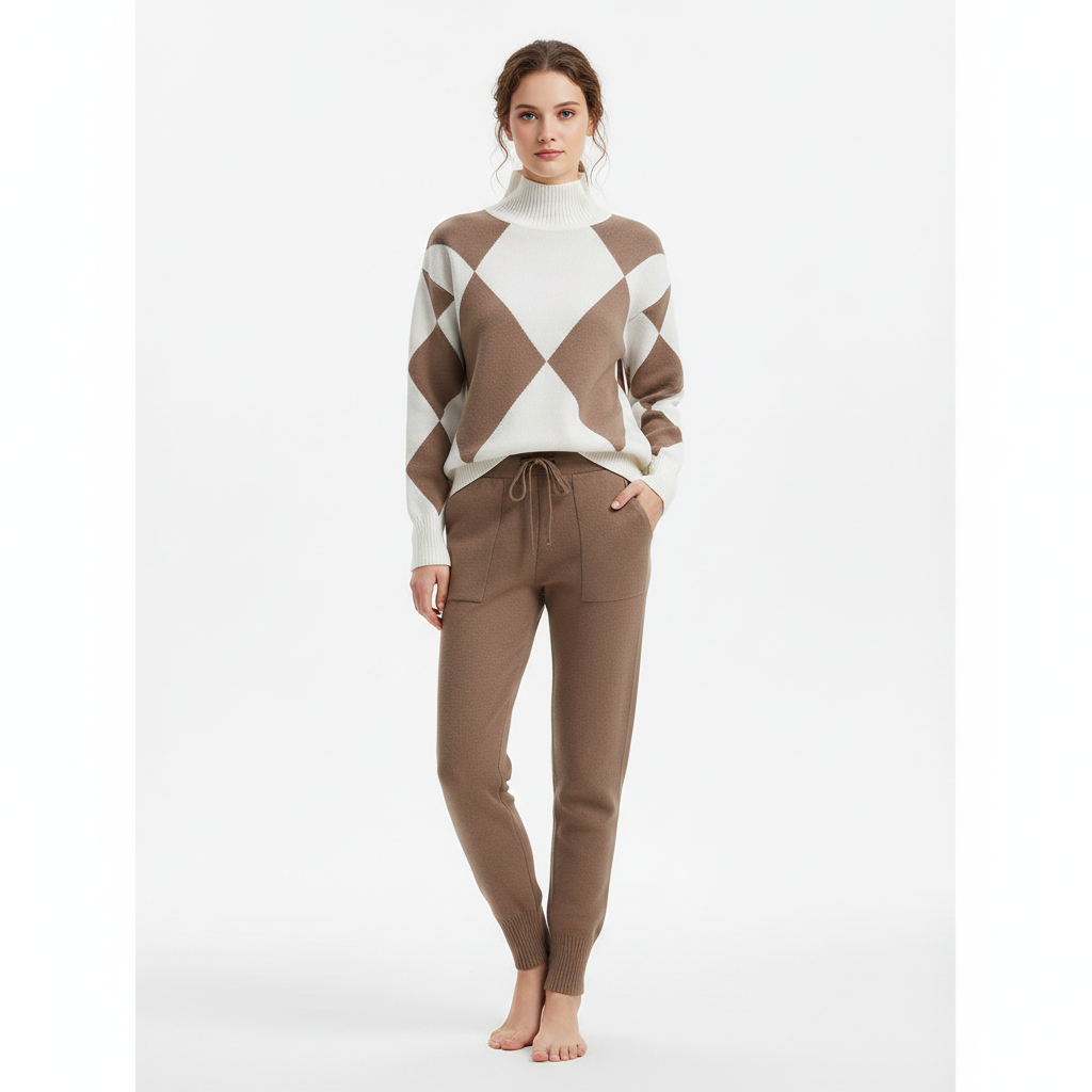 Ava | Conjunto de Ropa de Estar por Casa de Mujer con Cuello Alto y Estampado de Rombos | Acogedor