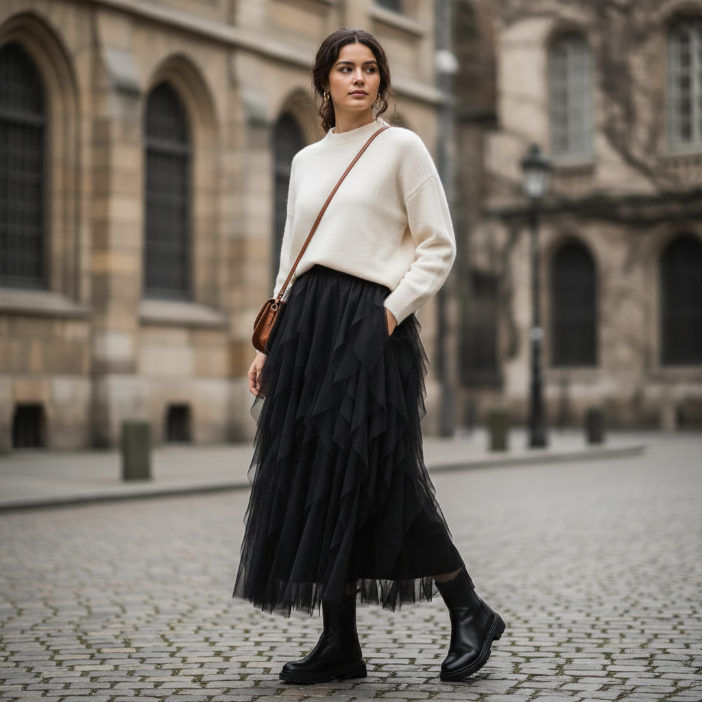 Ava | Falda Midi de Mujer con Tul en Capas y Paneles Asimétricos | Chic