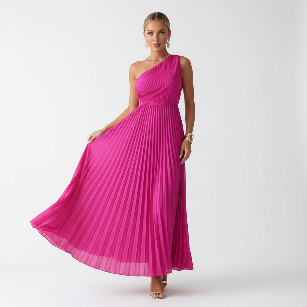 Ava | Vestido de Mujer de Un Hombro con Falda Plisada y Abertura Lateral | Elegante