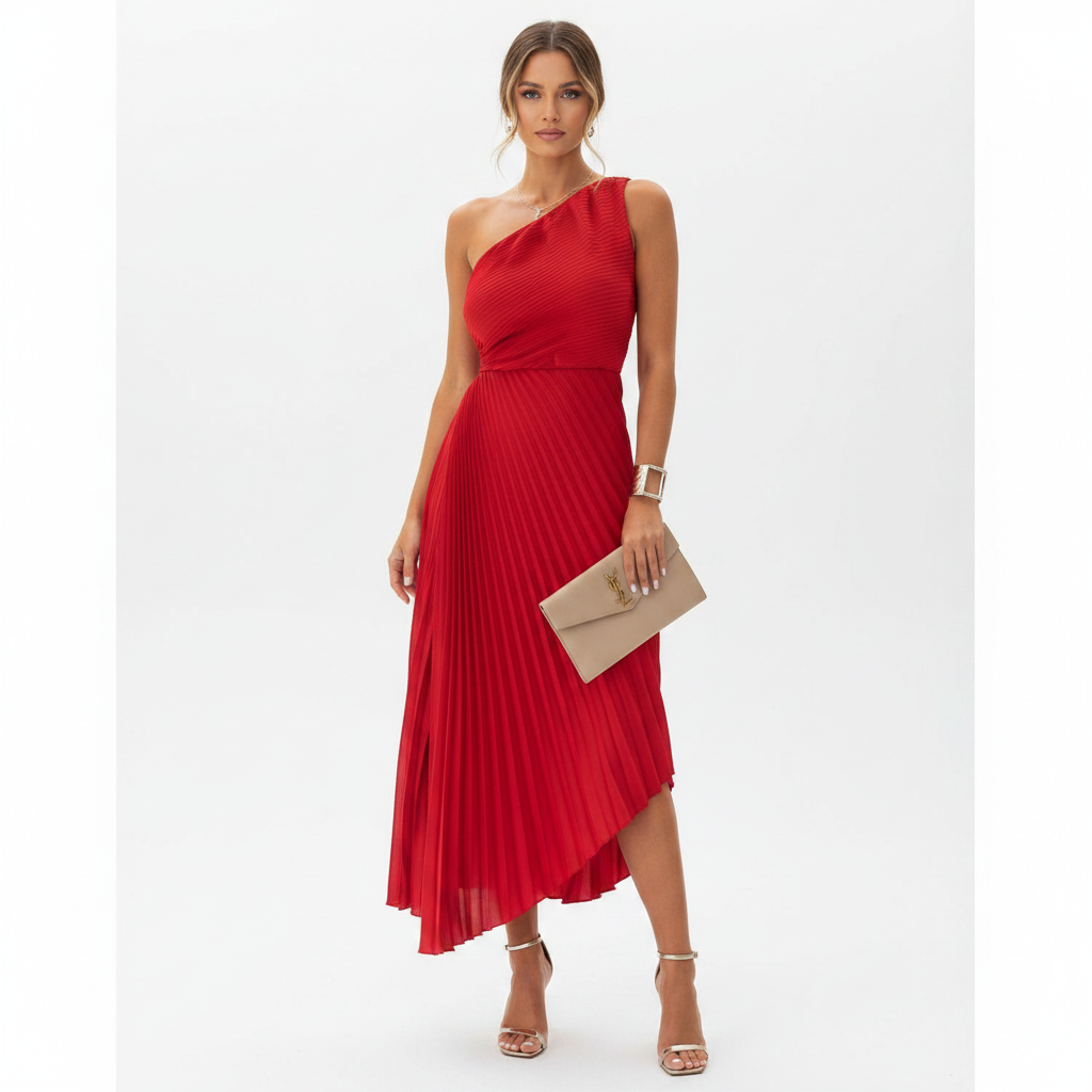 Ava | Vestido de Mujer de Un Hombro con Falda Plisada y Abertura Lateral | Elegante