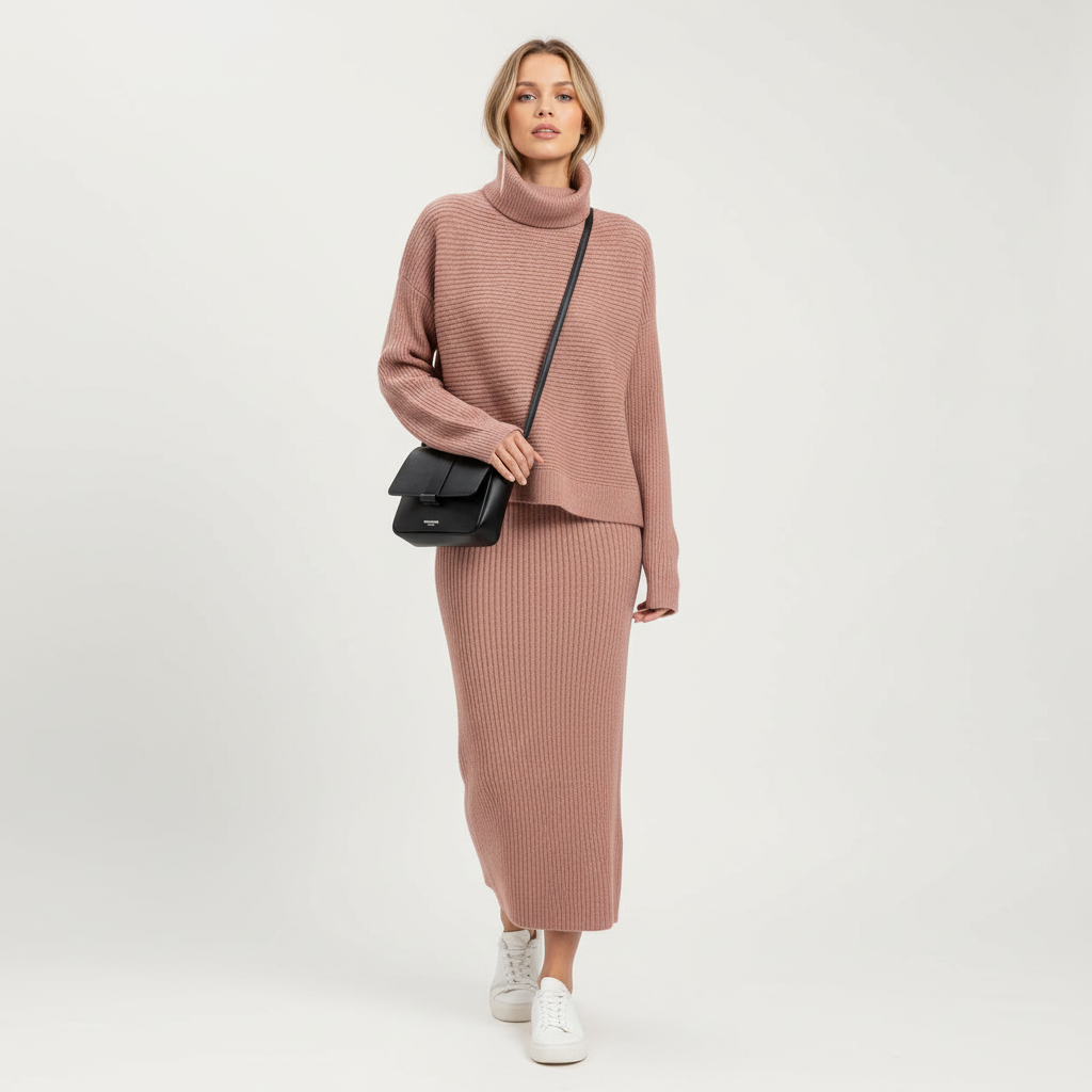 Ava | Conjunto de Jersey y Falda de Mujer con Cuello Alto y Textura Canalé | Casual