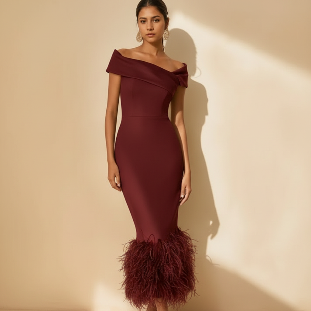 Ava | Vestido de Mujer para Invitada de Boda con Escote Descubierto y Ribete de Plumas | Elegante