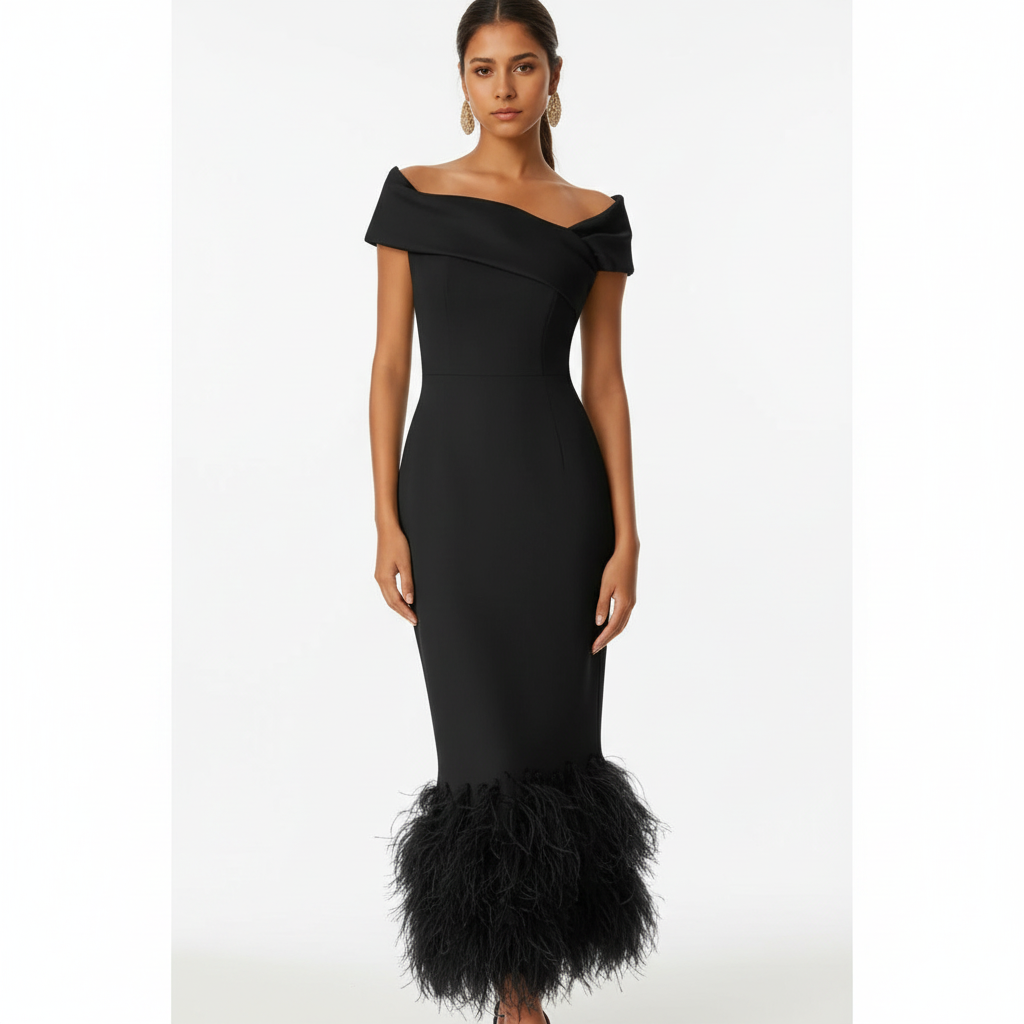 Ava | Vestido de Mujer para Invitada de Boda con Escote Descubierto y Ribete de Plumas | Elegante