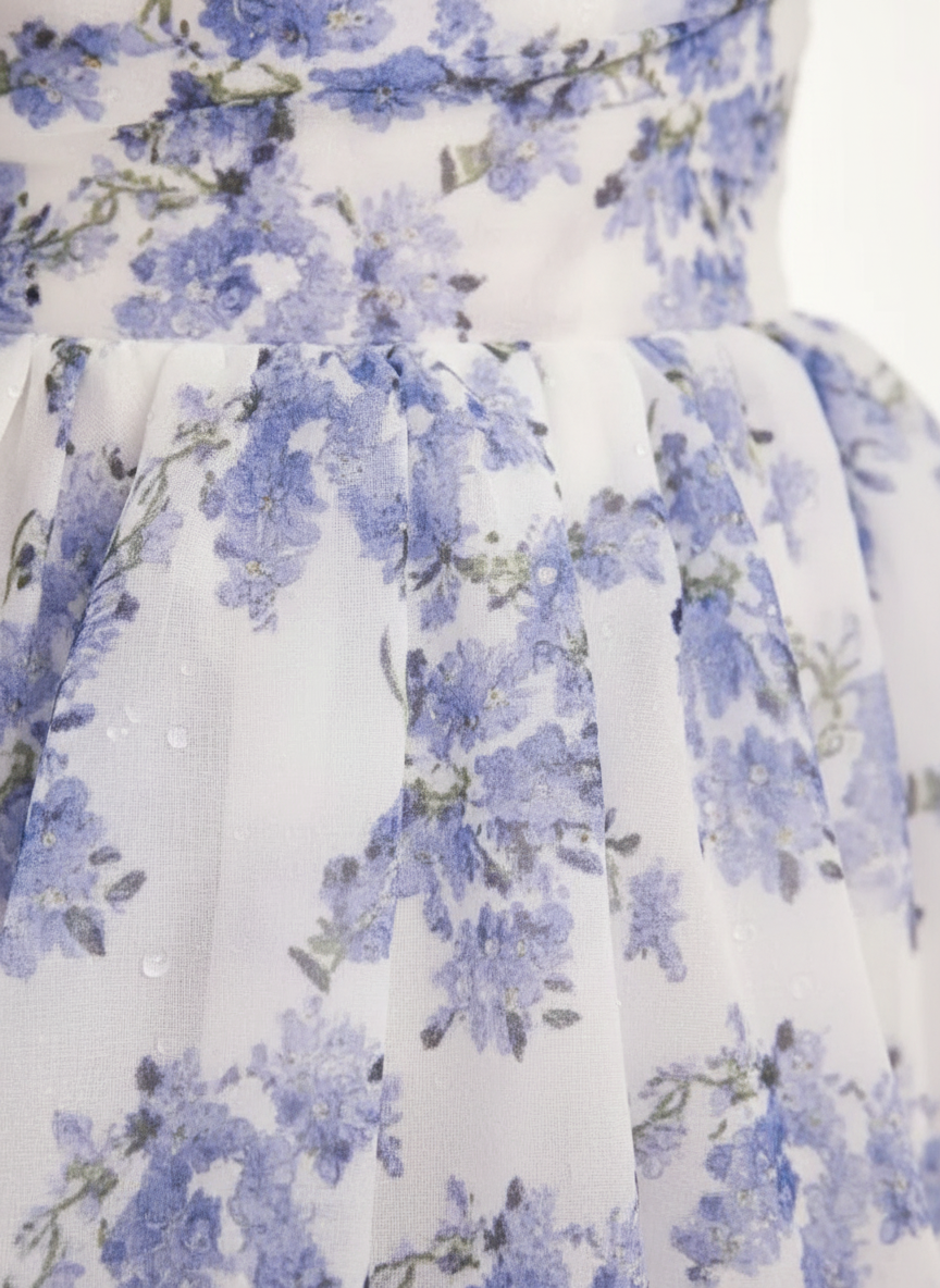 Aveline | Vestido Midi Floral de Mujer con Mangas Abullonadas y Escote Profundo en V