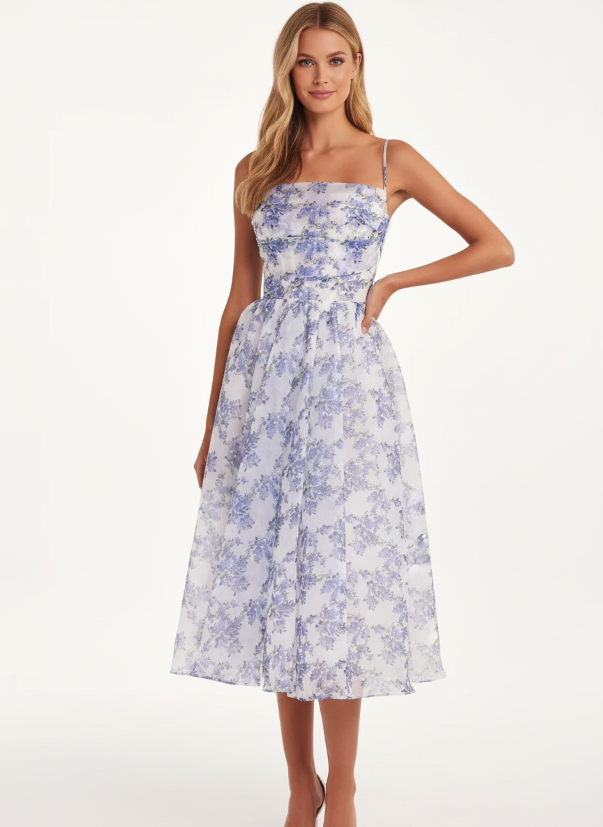 Aveline | Vestido Midi Floral de Mujer con Mangas Abullonadas y Escote Profundo en V
