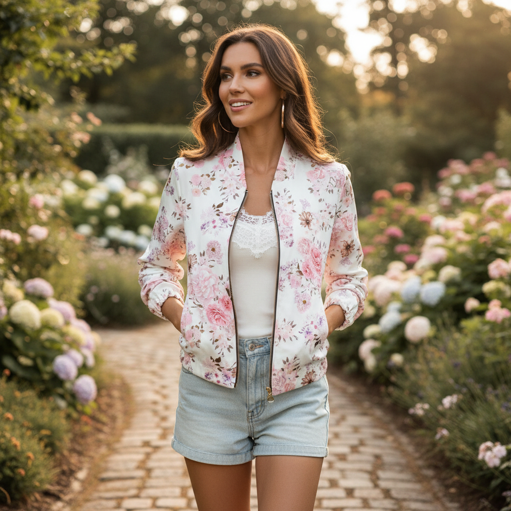 Charlotte | Chaqueta Bomber de Mujer con Cierre de Cremallera y Estampado Floral | Casual