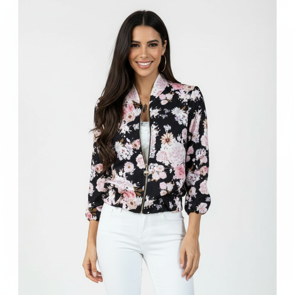 Charlotte | Chaqueta Bomber de Mujer con Cierre de Cremallera y Estampado Floral | Casual
