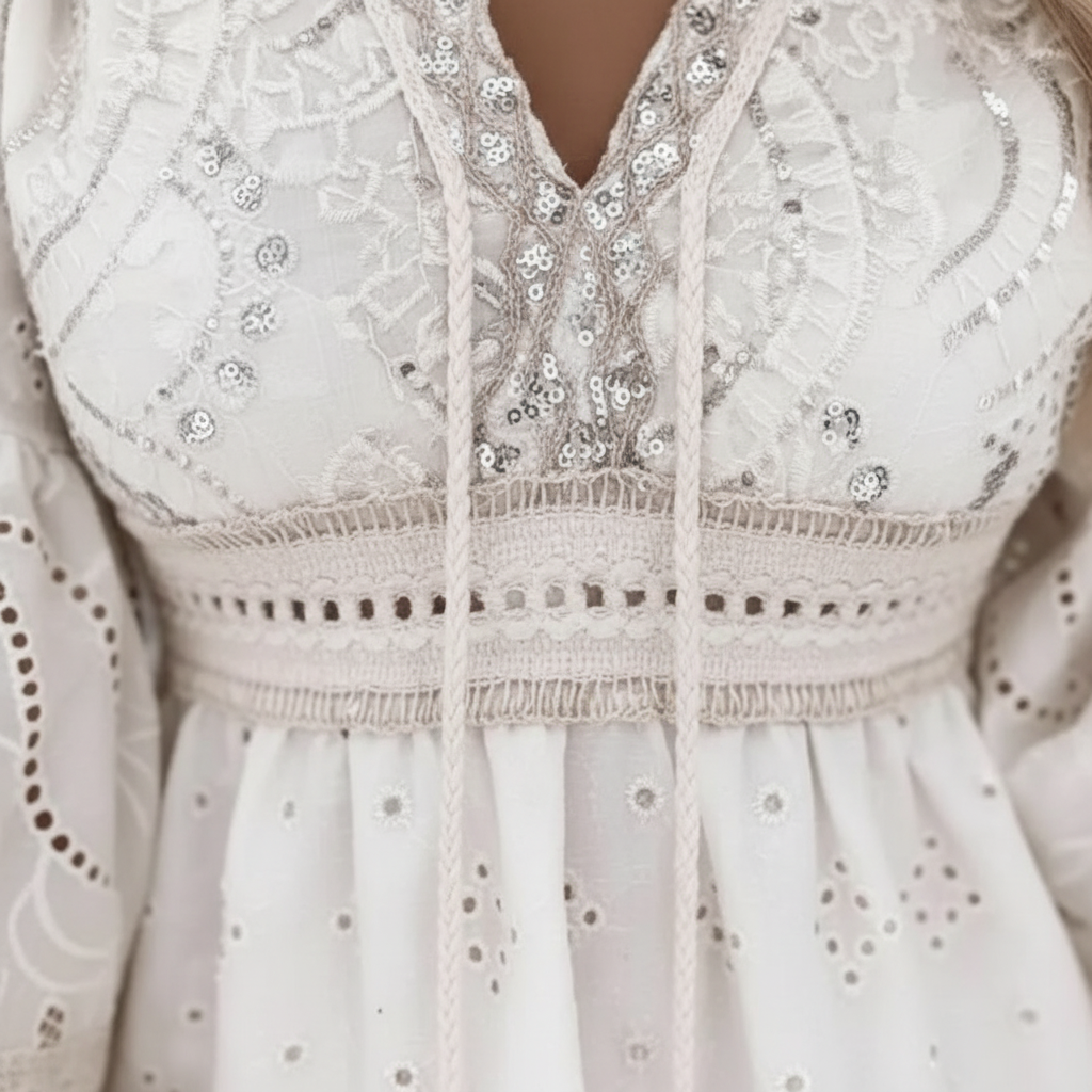 Charlotte | Mini Vestido de Encaje de Mujer con Escote en V y Mangas Acampanadas | Bohemio