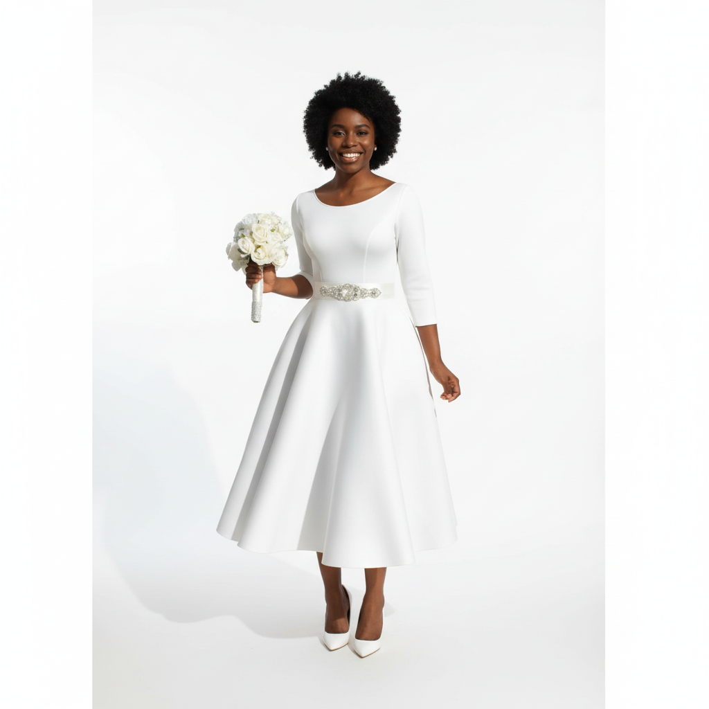 Charlotte | Vestido de Mujer para Invitada de Boda con Escote Barco y Manga Tres Cuartos | Elegante