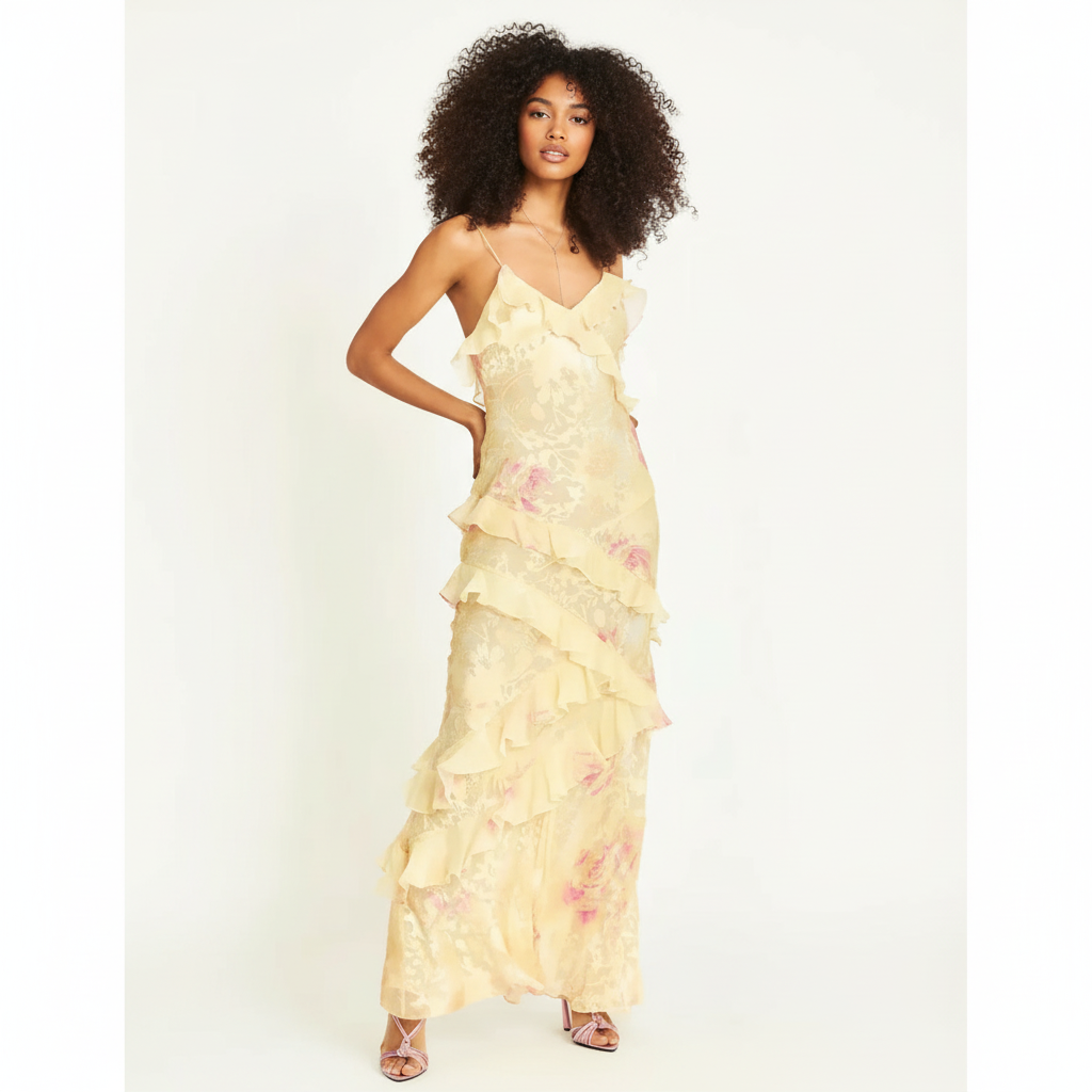 Charlotte | Vestido Maxi de Mujer para Invitada de Boda con Tirantes Finos y Capas de Volantes | Elegante