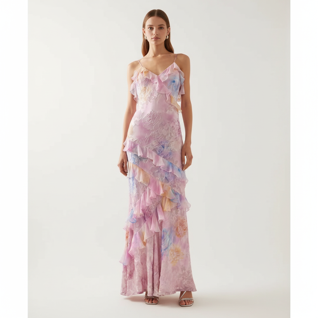 Charlotte | Vestido Maxi de Mujer para Invitada de Boda con Tirantes Finos y Capas de Volantes | Elegante