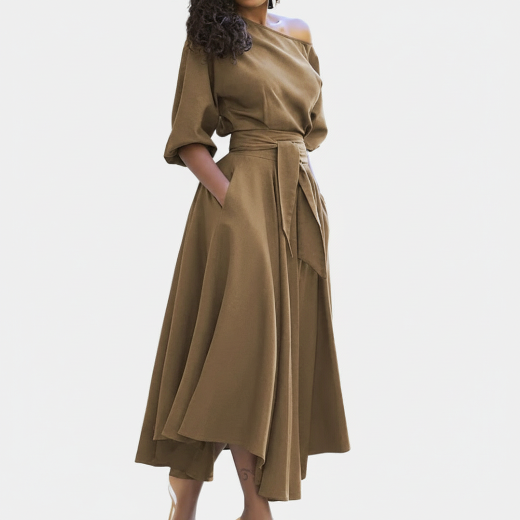 Elara | Vestido Midi Asimétrico de Un Hombro con Manga Larga