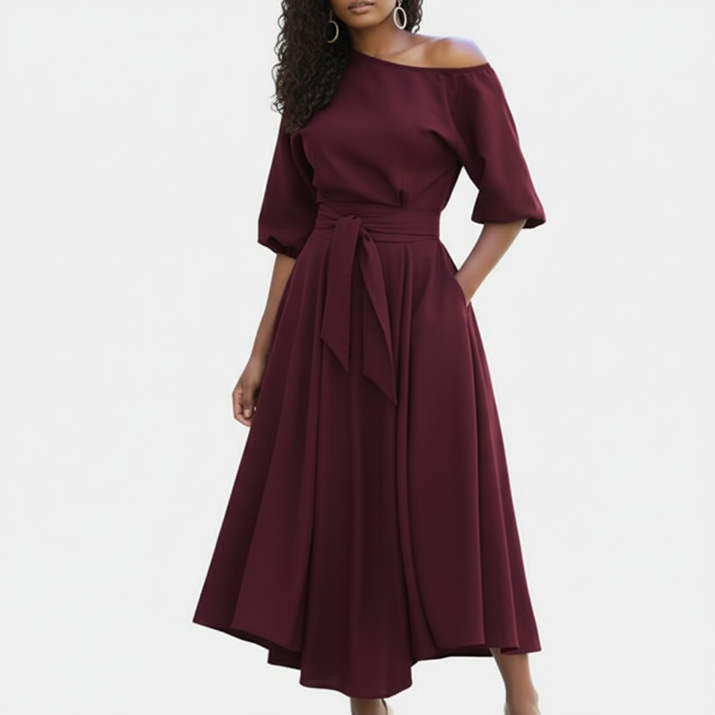Elara | Vestido Midi Asimétrico de Un Hombro con Manga Larga
