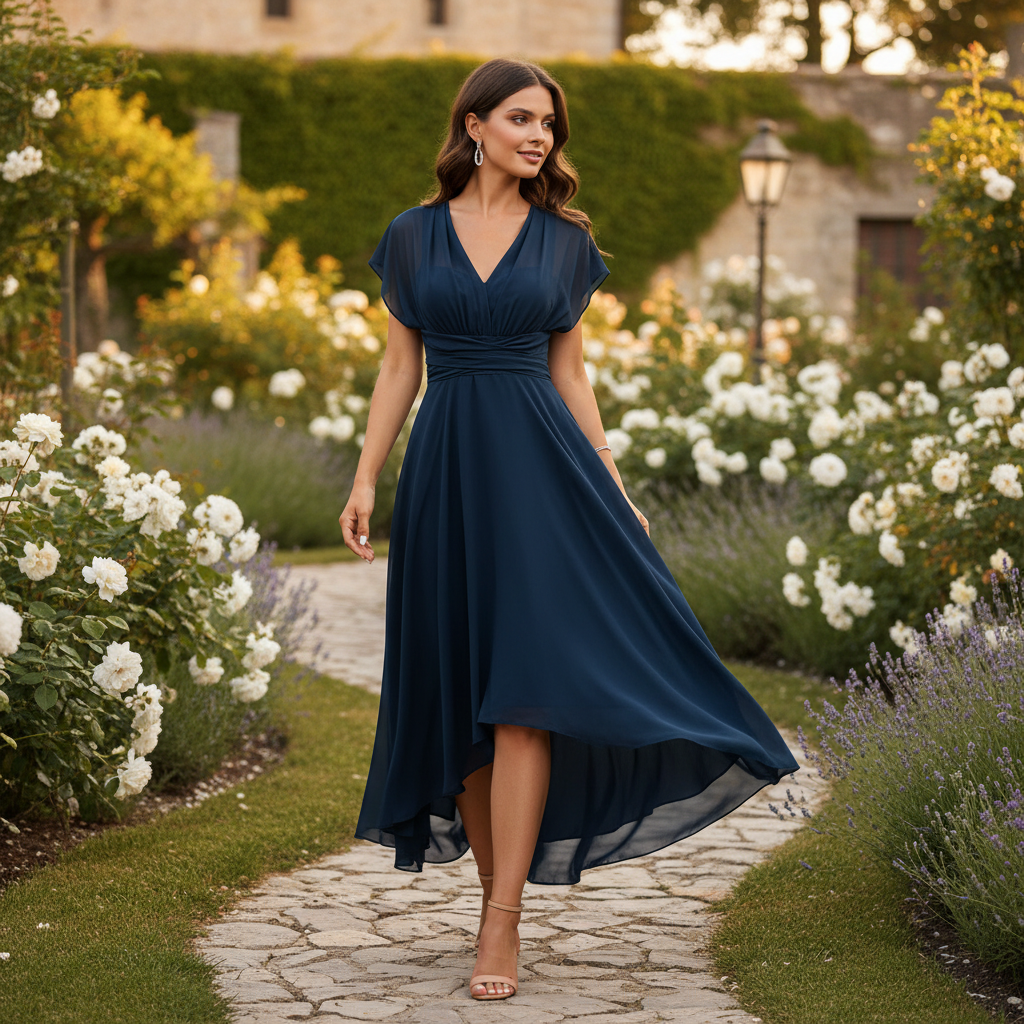 Elara | Vestido Midi Cóctel de Mujer con Escote en V y Suaves Mangas de Vuelo