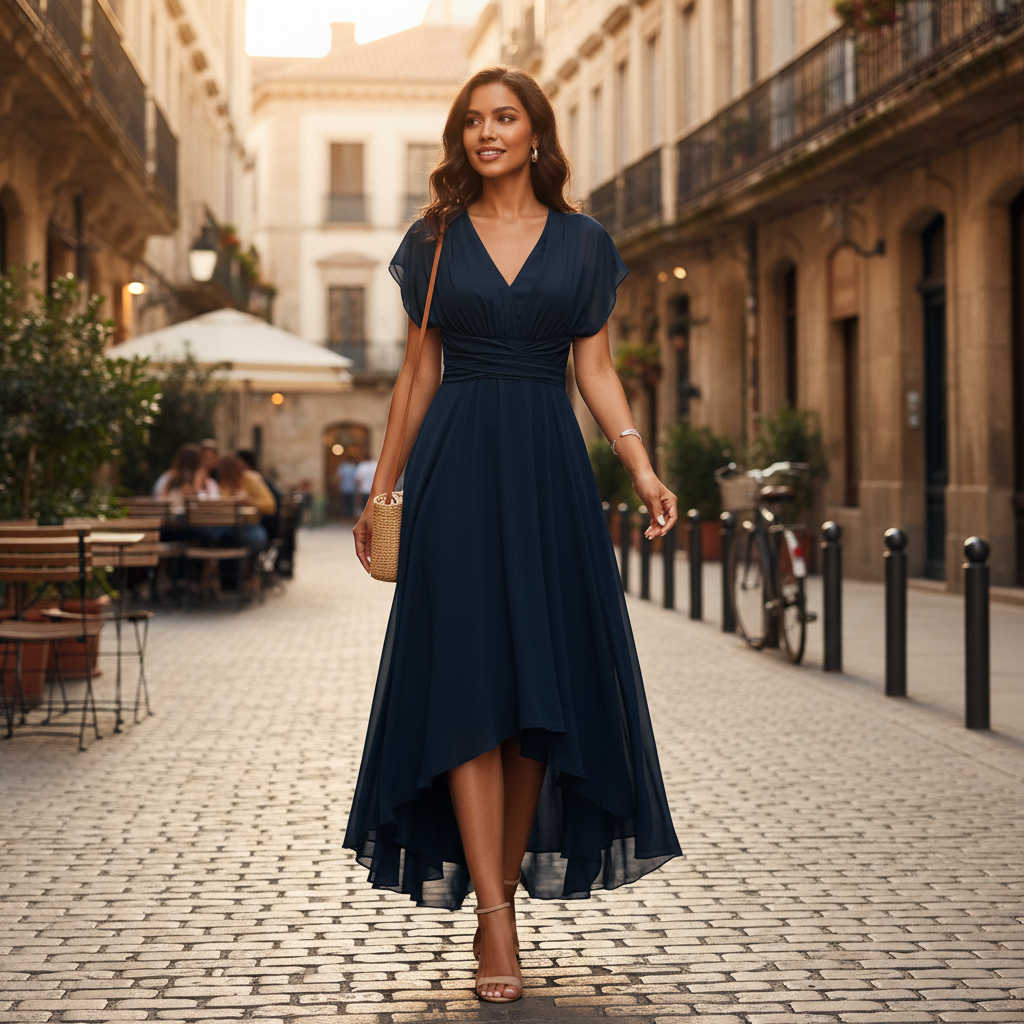 Elara | Vestido Midi Cóctel de Mujer con Escote en V y Suaves Mangas de Vuelo