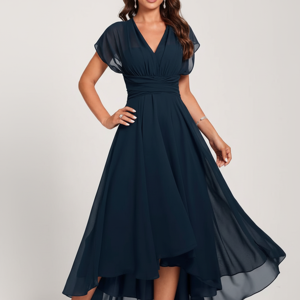 Elara | Vestido Midi Cóctel de Mujer con Escote en V y Suaves Mangas de Vuelo