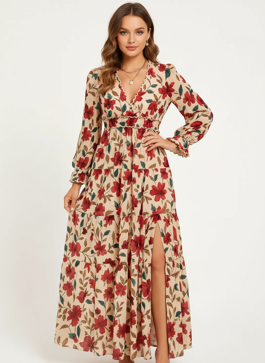 Elara | Vestido Maxi Floral de Mujer con Cintura Ajustable y Mangas Capa