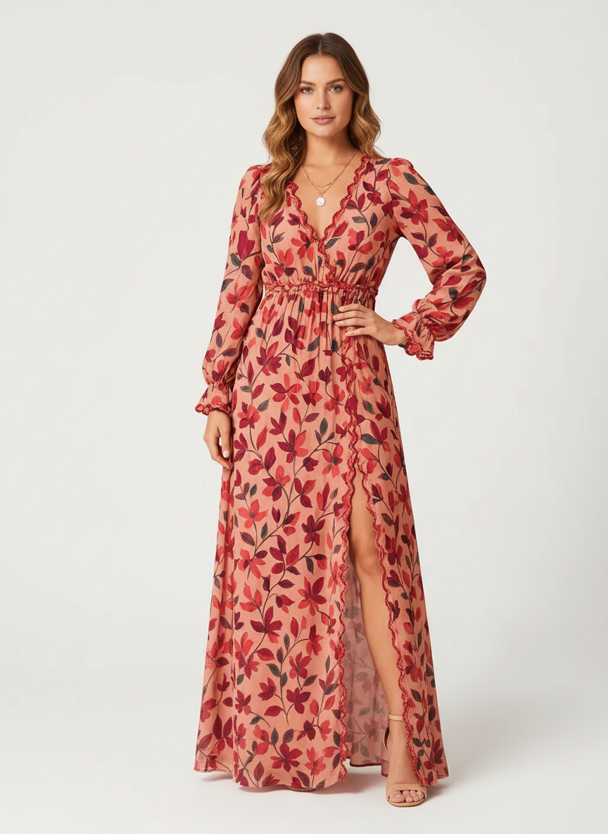 Elara | Vestido Maxi Floral de Mujer con Cintura Ajustable y Mangas Capa