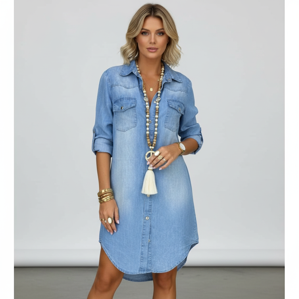 Emma | Vestido Camisero Vaquero de Mujer con Manga Larga y Cierre de Botones | Casual