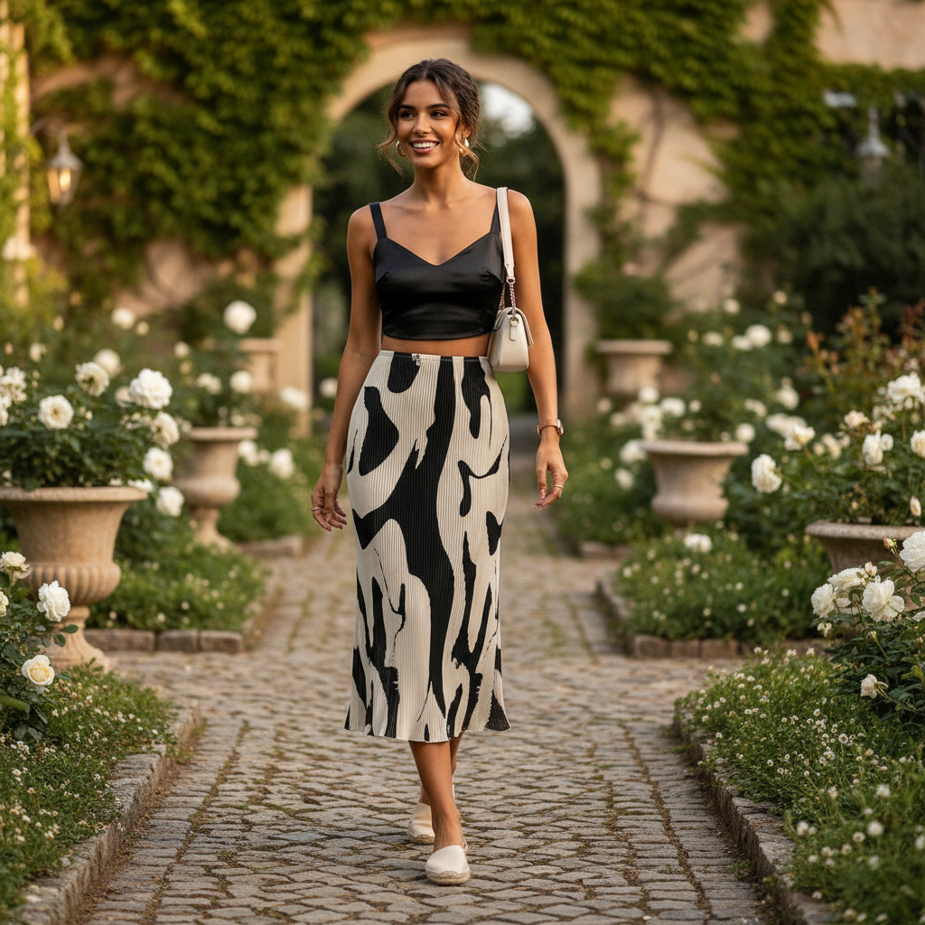 Emma | Falda Midi de Mujer con Textura Plisada y Estampado Abstracto | Casual