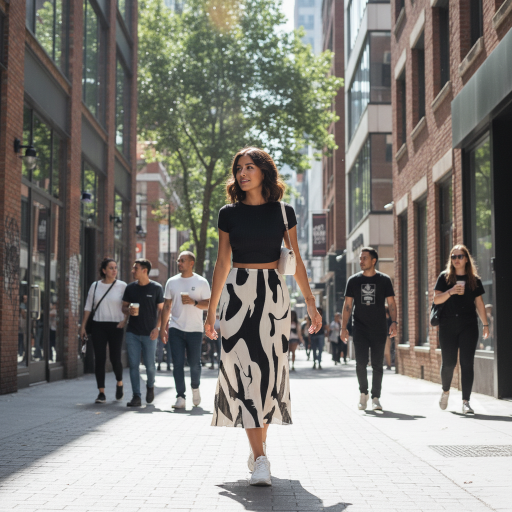 Emma | Falda Midi de Mujer con Textura Plisada y Estampado Abstracto | Casual