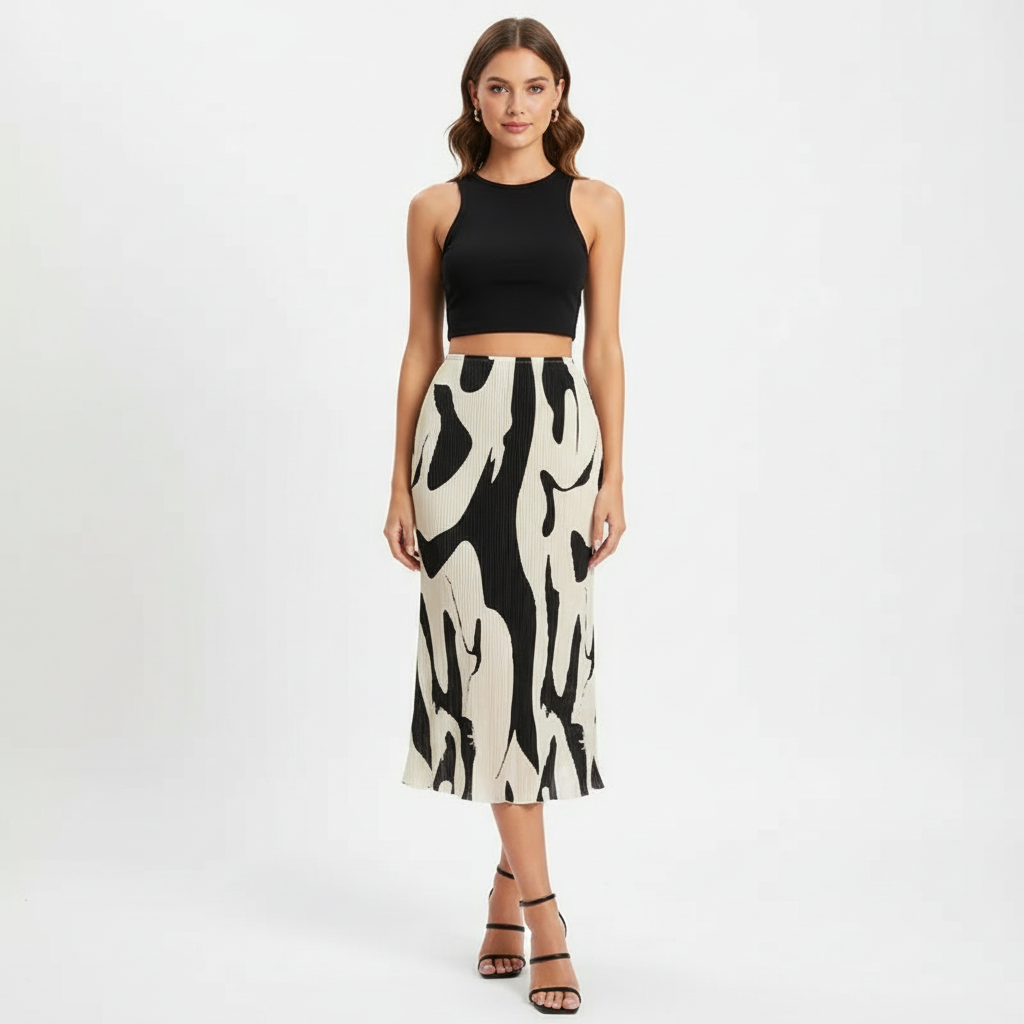 Emma | Falda Midi de Mujer con Textura Plisada y Estampado Abstracto | Casual