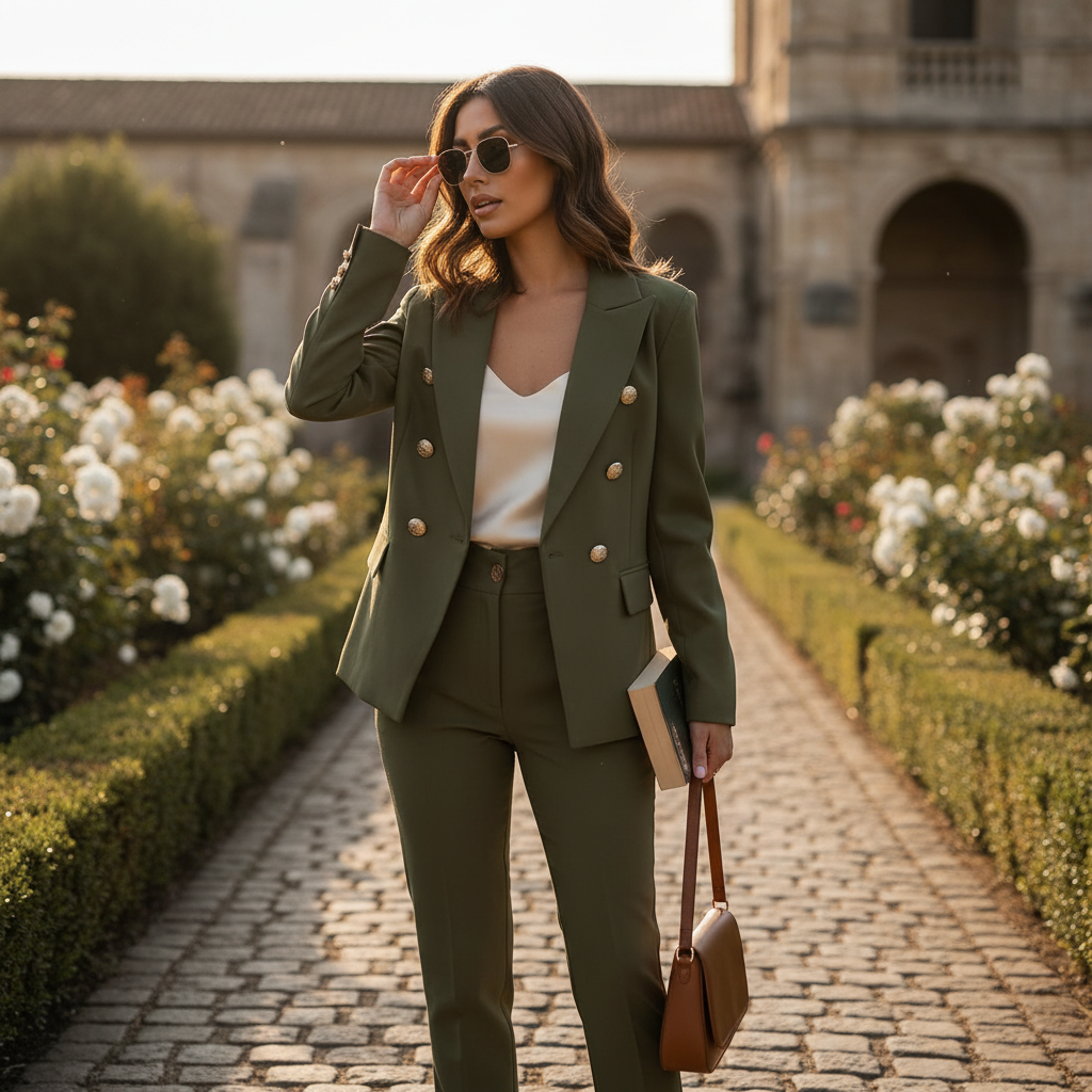 Emma | Traje de Dos Piezas de Mujer con Botones Dorados y Pantalón Ajustado | Elegante