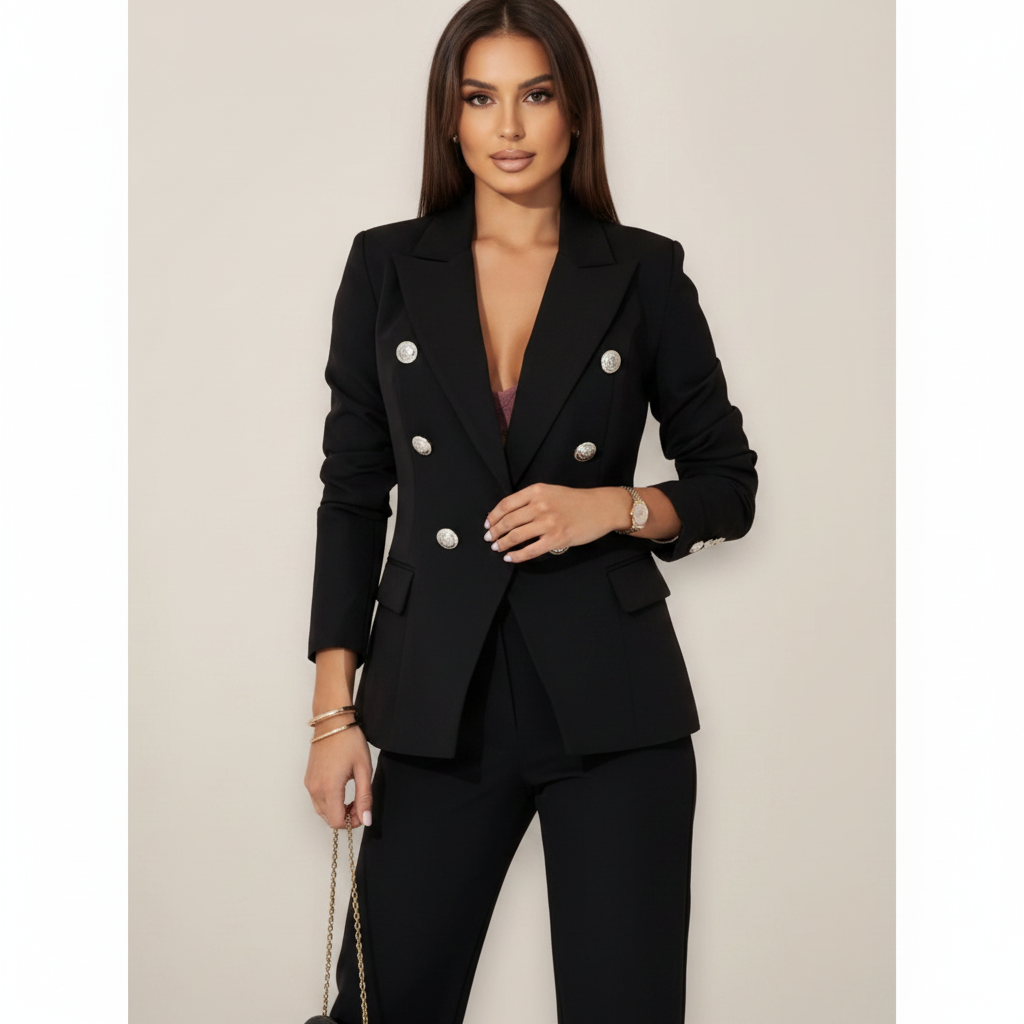 Emma | Traje de Dos Piezas de Mujer con Botones Dorados y Pantalón Ajustado | Elegante