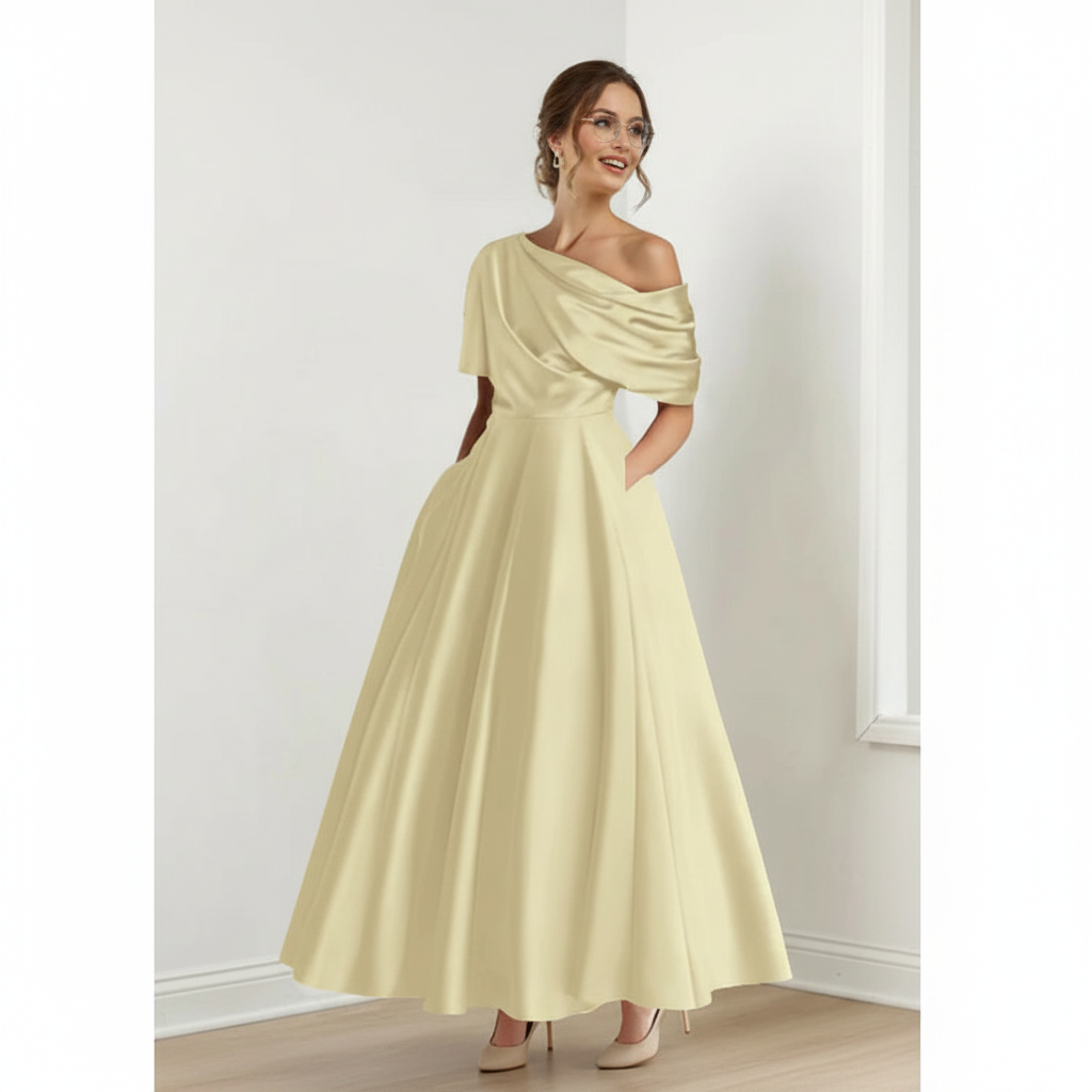 Emma | Vestido de Mujer para Invitada de Boda con Escote Asimétrico y Detalle Drapeado | Elegante