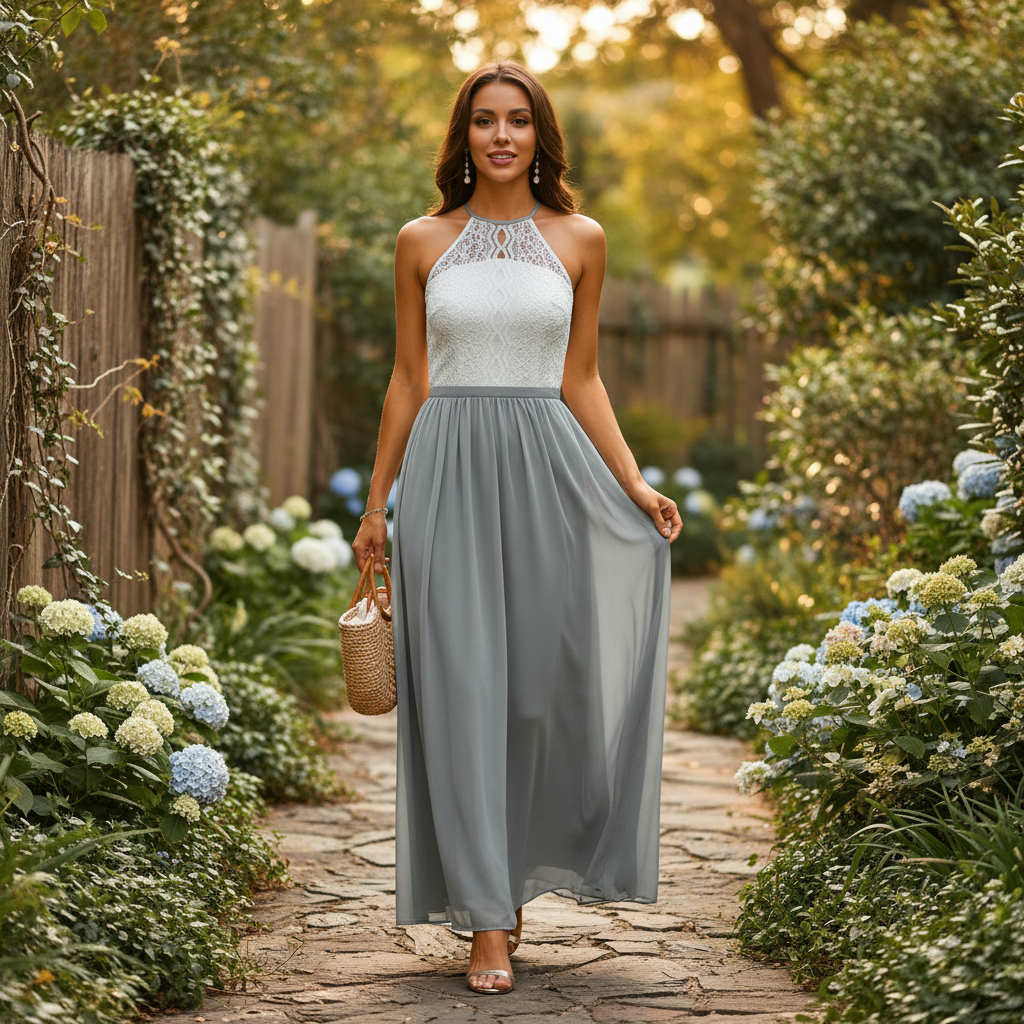 Emma | Vestido de Mujer para Invitada de Boda con Escote Halter y Falda Plisada | Elegante