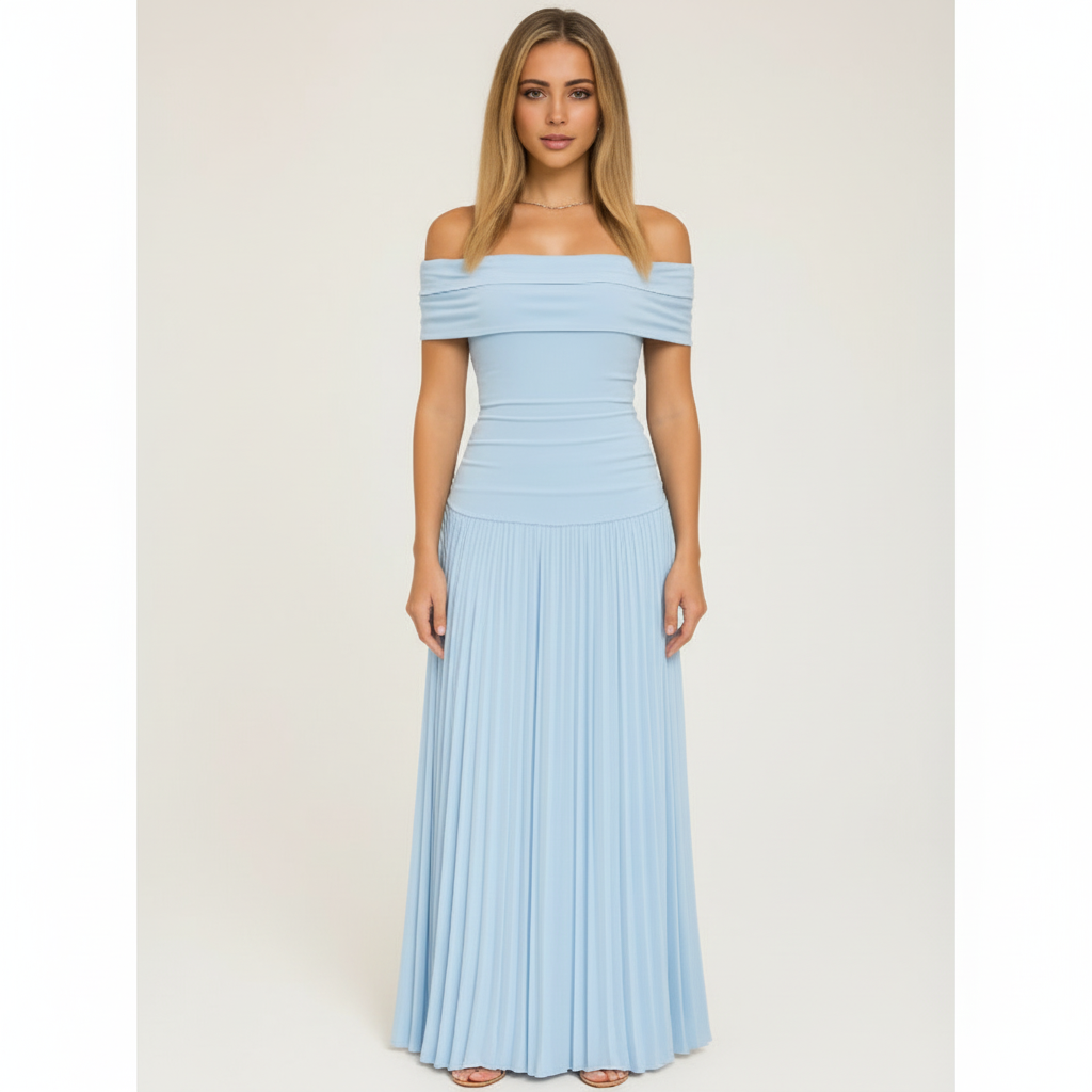 Emma | Vestido de Mujer para Invitada de Boda con Escote Descubierto y Falda Plisada | Elegante
