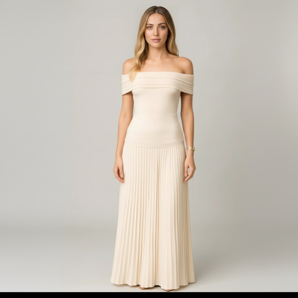 Emma | Vestido de Mujer para Invitada de Boda con Escote Descubierto y Falda Plisada | Elegante