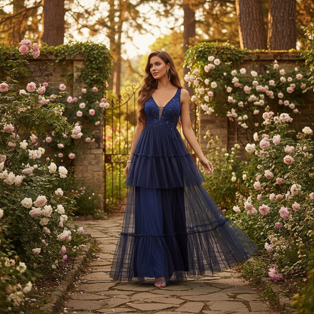 Emma | Vestido Maxi de Mujer para Invitada de Boda con Escote en V y Falda Plisada por Capas | Elegante